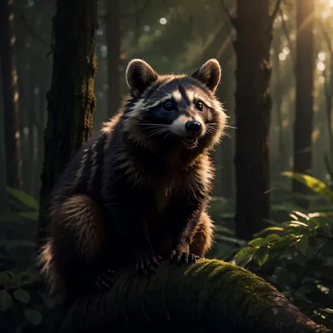 (best quality:1.2),(high quality:1.2),masterpiece,(high details:1.1),<lora:LowRA:0.6> ,raccoon on a tree, hazelnut, cinematic, dark theme, rim light