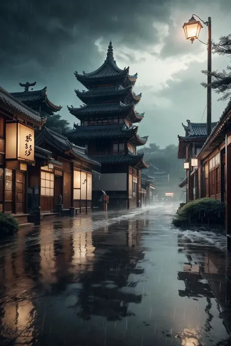 arafed view of a village with a lot of lights on the buildings, dreamy chinese town, chinese village, amazing wallpaper, japanese town, japanese village, hyper realistic photo of a town, old asian village, japanese city, by Raymond Han, rainy evening, cyberpunk chinese ancient castle, beautifully lit buildings, at evening during rain, beautiful and aesthetic, photography, cinematic, 8k, high detailed ((Heavy rain)))