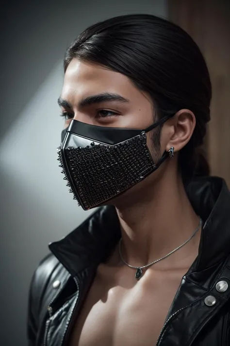 RAW Photo,DSLR,BREAK ultra detailed (masterpiece, best quality), surreal ambience, dreamlike, man wearing (metal)+++ full-face mask made of of black steel studded with diamonds, 8k, 4k textures, super-detailed, warm colour gamut, specular highlights,<lora:GoodHands-vanilla:1>,