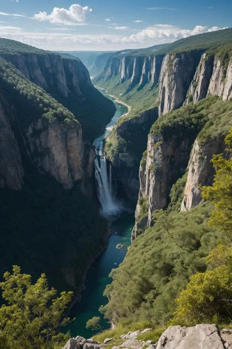 Masterpiece, ultimate quality, Cg unity 8k wallpaper, super delicate, beautiful sky and clouds, rich natural scenery, cliffs, lakes and rivers, waterfalls and flying water, beautiful green mountains, no trace of people, excellent scenery, has already won a photo contest, background Blurring, full depth of field, HDR high dynamics, true restoration, intricate, extreme details, dramatic presentation, perfectly presenting the style of midjourney art.