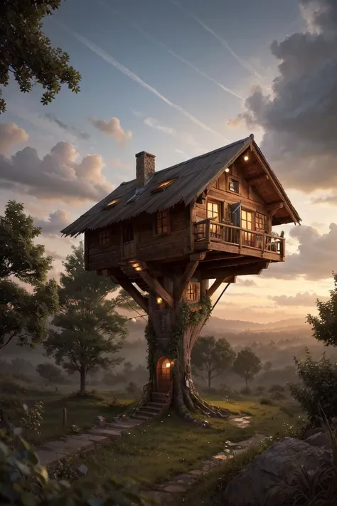 valley, fairytale treehouse village covered, , matte painting, highly detailed, dynamic lighting, cinematic, realism, realistic, photo real, sunset, detailed, high contrast, denoised, centered, michael whelan, <lora:microverse_creator:0.6>