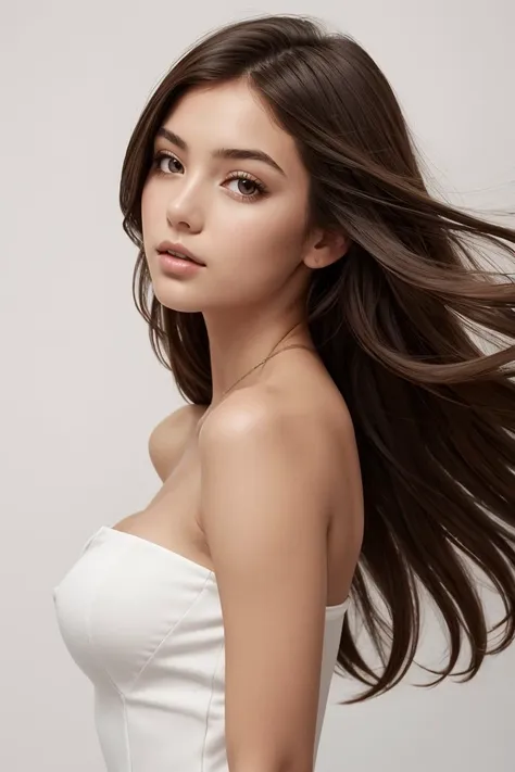 1girl,solo,long hair,brown hair,simple background,looking at viewer,realistic,white background,brown eyes,dress,bare shoulders,upper body,lips,parted lips,white dress,strapless,from side,looking to the side,breasts,masterpiece,best quality,high quality,