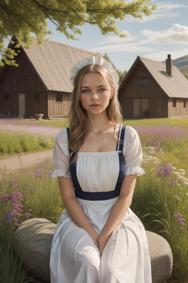(young maid scandinavian girl :1.2),sitting on top of a stone in front of longhouse,Impressionism,oil painting with brushstrokes,1girl,blue eyes,flower field,hair flower,hair ornament,lips,long hair,looking at viewer,nose,solo,upper body,(flax pleated dress) ,<lora:bichu-v0612:0.6>,
