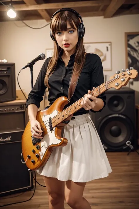 RAW Photo,DSLR,BREAK ultra detailed (masterpiece, best quality), (RAW photo, best quality), 1girl, instrument, solo, blue eyes, guitar, long hair, skirt, headphones, music, electric guitar, indoors, playing instrument, red lips, cable, plectrum, brown hair, signature, holding, looking at viewer, shirt, pleated skirt, black skirt, lipstick, cowboy shot, blurry, parted lips, lips, makeup, black shirt, standing, bass guitar, bangs, holding instrument, <lora:GoodHands-vanilla:1>,