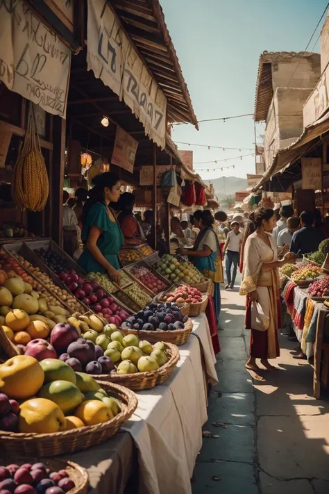 RAW, analog, Nikon Z 85mm, award winning glamour photograph,((best quality)), ((masterpiece)), ((realistic)), A landscape of a bustling marketplace filled with exotic fruits and vibrant textiles.