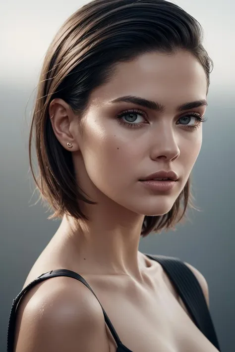 (close-up:1.0) photo of (CR-NataliaVodianova-frankyfrank2k:0.9) as (young:1.0) woman, (oiled skin:1.0), (tilted angle shot:1.0), (slick undercut hair:1.2), (8k uhd:1.0), (best quality:1.0), (masterpiece:1.0), (sharp focus:1.0), (basic grey backdrop:1.0),