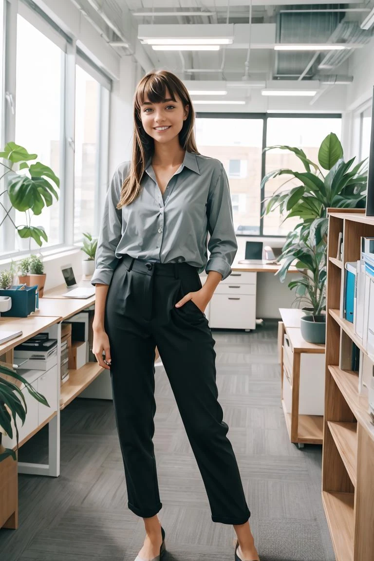 RAW Photo, DSLR BREAK a young woman with bangs, (light smile:0.8), (smile:0.5), wearing relaxed shirt and trousers, causal clothes, (looking at viewer), focused, (modern and cozy office space), design agency office, spacious and open office, Scandinavian design space BREAK detailed, natural light, <lora:GoodHands-vanilla:1>