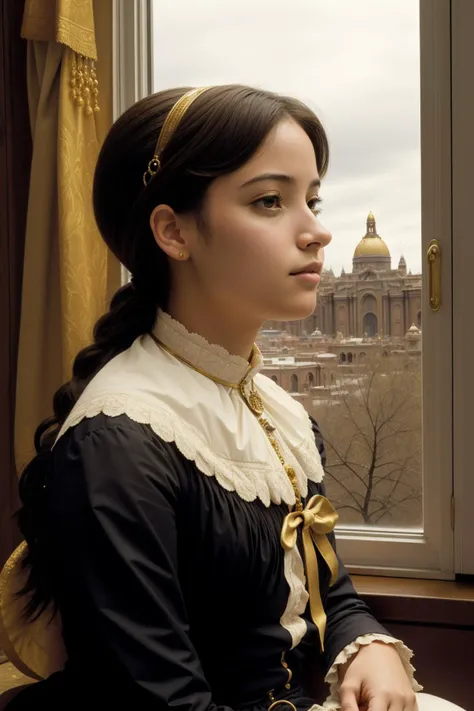 1girl, (designed by George Inness:1.3) , epic portrait, stylized, close up of a ([Palace|Bolivia]:1.3) in the distance there is a Guernsey, it is very Wanderlust and Grand, Tudor city street and jungle, Snowing, Maximalist, Tranquil, Nihilcore, Reflected light, telephoto lens, CineColor, sloppy strokes, Gold Leafing, artstation, extremely beautiful, woman