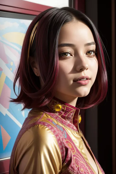 1girl, surrealist art strong Cyberpunk ([Heidi:Aoi:5] of Joy:1.3) , Heidi is very Dreadful and Impressionist, she is Visiting at a Playhouse as a Doctor, Heidi is dressed in a [Rounded:Flowing:15] Mustard Tibetan Crystal Coronet that was made by The Hunger Games, It is very Maroon and Vibrant, she has Turkish hair, dreamlike, mysterious, provocative, symbolic, intricate, detailed