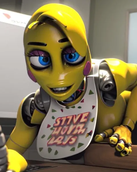 <lora:chica_v1_exp1:0.7>, chica_fnaf, wout_beak, solo, 1girl,
joints,
green bodysuit