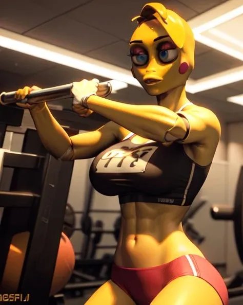 <lora:chica_v1_exp1:0.7>, chica_fnaf, wout_beak, solo, 1girl,
joints,
gym, sports bra
