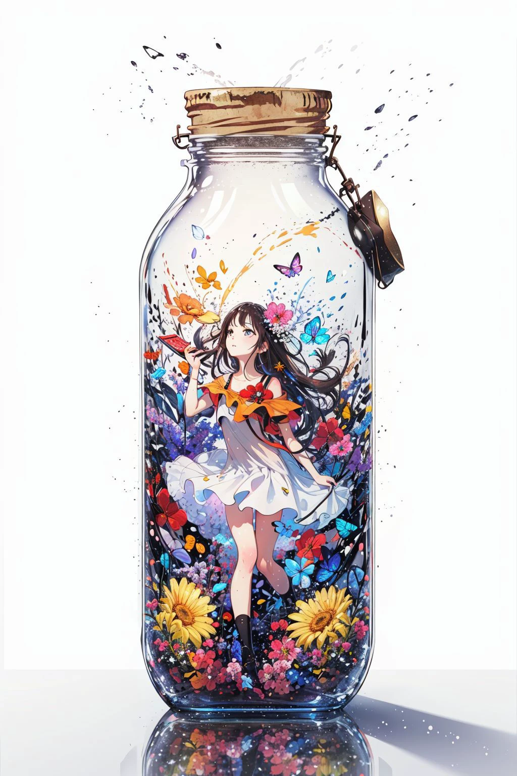 (masterpiece, best quality, high quality, highres, ultra-detailed), <lora:bottle2-000026:0.6>, phgls, in container, bottle,1girl,simple background,