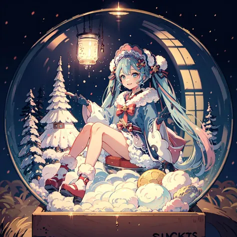phgls, in container, masterpiece, best quality, 1girl, solo, snowglobe, indoors, sitting, smile, yukimiku2023, pink stocking, <lora:bottle2:0.7>, <lora:hatsunemiku1:1.0>