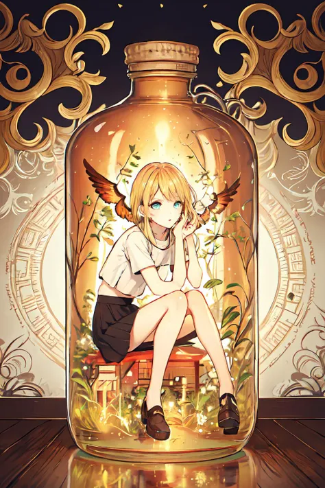 phgls, /bottle, in container, (masterpiece:1.6, best quality), (finely detailed beautiful eyes: 1.2), 1girl, solo, sitting, blonde hair, wings <lora:bottle2-000026:1.0>