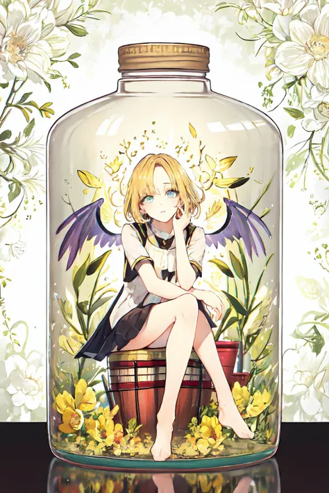 phgls, /bottle, in container, (masterpiece:1.6, best quality), (finely detailed beautiful eyes: 1.2), 1girl, solo, sitting, blonde hair, wings <lora:bottle2-000026:1.0>