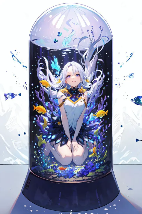 [(Transparent background:1.5)::5],(((masterpiece))),(((best quality))),(((extremely detailed))),illustration, 1girl,solo,mysterious,vivid color,shiny, underwater transparent sealed hemispherical glass dome, (white hair),(purple eyes), full body,barefoot,long hair tranquil nature, koi,Underwater, Dome,close up,Dynamic actions,Lens perspective,(((Box composition))),sit cross-legged and lean against the bookshel, volumetric lighting, multi-color eyes, detailed eyes, hyper detailed,light smile, highly detailed, beautiful, small details, ultra detailed, best quality, intricate, 4k, 8k, trending on artstation, good anatomy, beautiful lighting, award-winning,  <lora:bottle2:1>