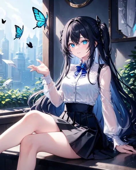 1girl, broken glass,(broken screen),atlantis,transparent glass,black_hair, solo, long_hair, skirt, blue_eyes, sitting, very_long_hair, butterfly, looking_at_viewer, black_skirt, blue_butterfly, white_shirt, long_sleeves,,, <lora:StylePaleSilver:0.7>