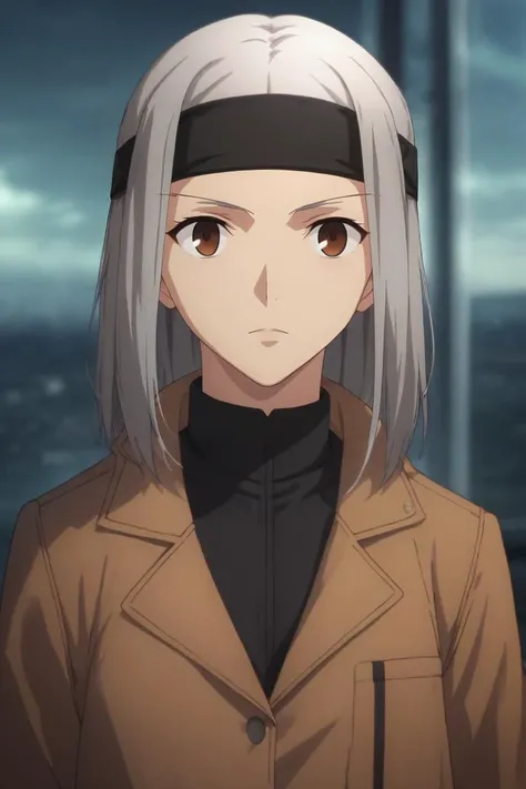 score_9, score_8_up, score_7_up, source_anime, rating_safe, intricate details, , , upper body, depth of field, 1girl, dark brown eyes, gray hair, outerwear, headband, solo, science fiction military science fiction, <lora:fsn_ubw_style_pony:0.92>, fsn_ubw_style, <lora:sdxl_lightning_8step_lora:1>