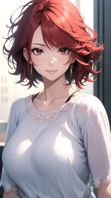 (masterpiece, best quality), intricate details, thin, ((slim)), beautiful girl, perfect face, expressive eyes, red hair, white skin, red eyes, casual, messy hair, plump lips, upper body, smile, closed mouth,
