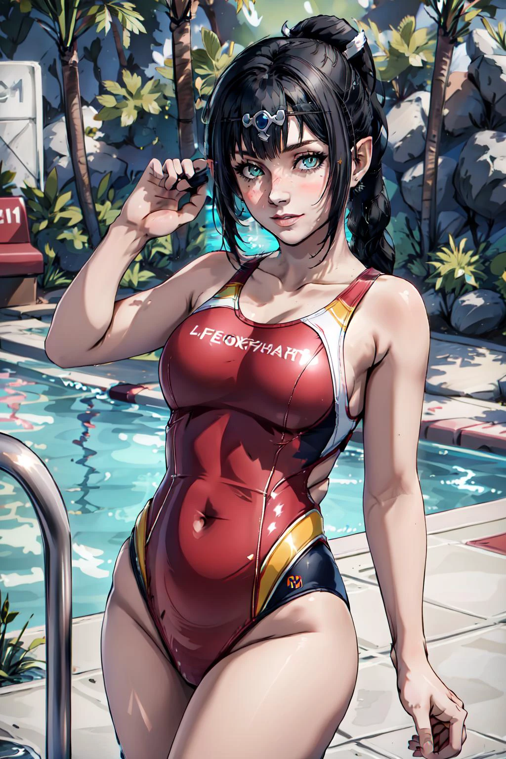 (masterpiece, best quality), intricate details,
1girl, <<lora:shadowheart_v10:0.8> Shadowheart, black hair, pointy ears, bangs, circlet, ponytail, green eyes, braid,
<lora:l1f3gu4rd:0.4> l1f3gu4rd, lifeguard, pool, red one piece swimsuit,