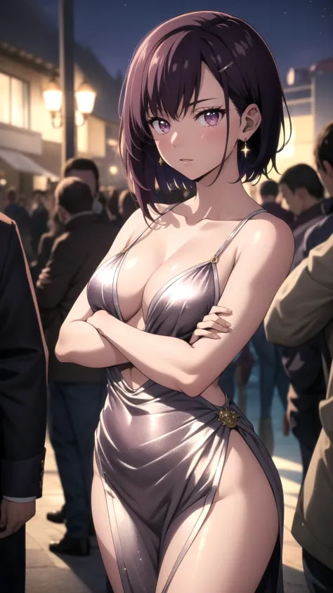 (masterpiece, best quality), intricate details, shizukazom100, 1girl, dark purple hair, short hair, bangs, purple eyes, hair ornament, hairclip, earrings, medium breasts, satin, sparkling, side slit, night, crossed arms, silver dress, <lora:shizukazom100:0.7>,  <lora:revealing_dress_v0.1:0.8>