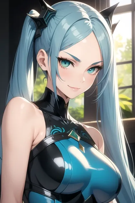 (masterpiece, best quality), intricate details, thin, ((slim)), beautiful girl, perfect face, expressive eyes, blue hair, twintail, white skin, green eyes, sharp jawline, bodysuit, messy hair, plump lips, upper body, smile, closed mouth,