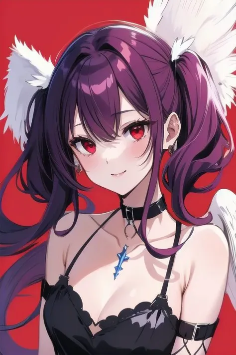 1girl, halo, sketch, halftone,
short hair, purple hair, choker, (((angel wings))), depth of field, (masterpiece, best quality), intricate details, thin, ((slim)), beautiful girl, perfect face, expressive eyes, twintail, white skin, red eyes, sharp jawline, messy hair, plump lips, upper body, smile, closed mouth, fire background, red background, burning background, destruction background, (end of times background), (((negative vibe background))), gone world background