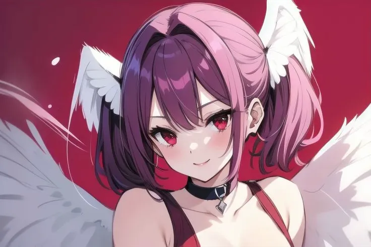 1girl, halo, sketch, halftone,
short hair, purple hair, choker, (((angel wings))), depth of field, (masterpiece, best quality), intricate details, thin, ((slim)), beautiful girl, perfect face, expressive eyes, twintail, white skin, red eyes, sharp jawline, messy hair, plump lips, upper body, smile, closed mouth, fire background, red background, burning background, destruction background, (end of times background), (((negative vibe background))), gone world background