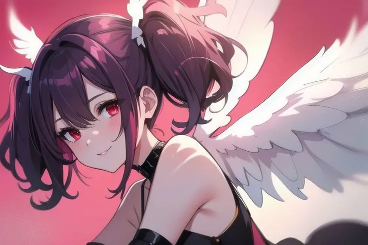 1girl, halo, sketch, halftone,
short hair, purple hair, choker, (((angel wings))), depth of field, (masterpiece, best quality), intricate details, thin, ((slim)), beautiful girl, perfect face, expressive eyes, twintail, white skin, red eyes, sharp jawline, messy hair, plump lips, upper body, smile, closed mouth, fire background, red background, burning background, destruction background, (end of times background), (((negative vibe background))), gone world background