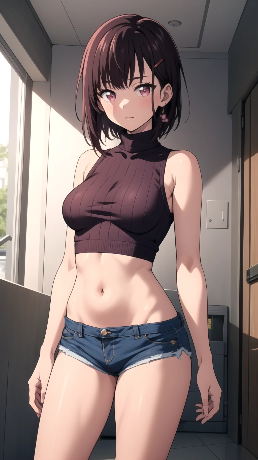 (masterpiece, best quality), <lora:shizukazom100 v3:0.6> shizukazom100, 1girl, short hair, dark purple hair, bangs, hair ornament, hairclip, pink eyes, white pupils, medium breasts, collarbone, <lora:ExtremeMicroShorts:1> , sweater, turtleneck, crop top overhang, underboob, sleeveless, micro shorts, cowboy shot, arms at sides, legs, standing, no panties, gorin, open fly,