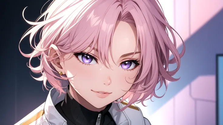 (masterpiece, best quality), intricate details, thin, ((slim)), beautiful girl, Light pink hair, white skin, light purple eyes, sharp jawline, cropped jacket, messy hair, plump lips, upper body, smirk