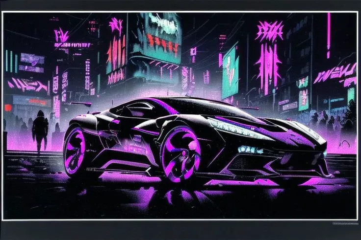 (masterpiece, best quality:1.2), ultra-high resolution, intricately detailed, futuristic cyberpunk car, lora:EdobCar_v1.1:1, dynamic lighting, sleek design, ((visually captivating)), lora:CyberPunkAI:.8 CyberPunkAI car on a neon-lit city street, (((cyberpunk atmosphere))) or speeding through a rain-soaked metropolis, (((cyberpunk aesthetics))), amidst a dense cybernetic cityscape, (((cyberpunk allure)))
