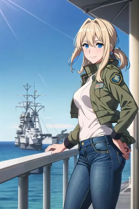 masterpiece,best quality, ultra res, extremely detailed, 1woman,blond hair, blue eyes,Beautiful white skin, Violet Evergarden,
outdoors, airport,air (force) base,F-15 Eagle in the background, aircraft carrier, warship,Strong wind from the side,
,jeans,Tight Jeans,White tank top,embarrassed face,smile,earring,pre-ripped jeans,jambar (jacket),MA-1,military jacket,flight jacket,
smile open-mouthed,disheveled hair,