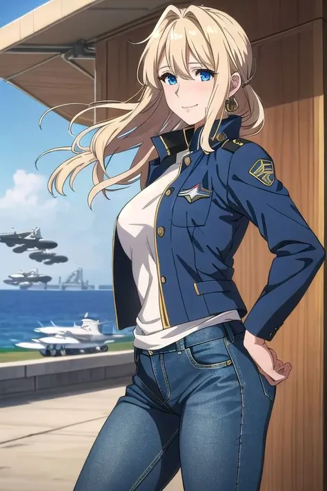 masterpiece,best quality, ultra res, extremely detailed, 1woman,blond hair, blue eyes,Beautiful white skin, Violet Evergarden,
outdoors, airport,air (force) base,F-15 Eagle in the background, aircraft carrier, warship,Strong wind from the side,
,jeans,Tight Jeans,White tank top,embarrassed face,smile,earring,pre-ripped jeans,jambar (jacket),MA-1,military jacket,flight jacket,
smile open-mouthed,disheveled hair,