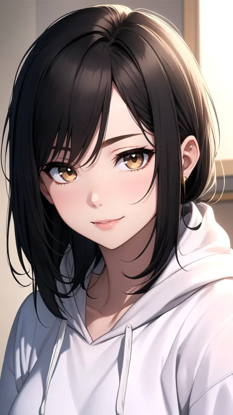 (masterpiece, best quality), intricate details, thin, ((slim)), beautiful girl, black hair, white skin, golden eyes, sharp jawline, hoodie, messy hair, plump lips, upper body, close up, smile, closed mouth,