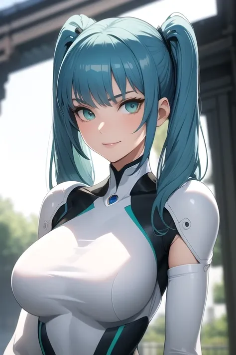 (masterpiece, best quality), intricate details, thin, ((slim)), beautiful girl, perfect face, expressive eyes, blue hair, twintail, white skin, green eyes, sharp jawline, bodysuit, messy hair, plump lips, upper body, smile, closed mouth, tech mechanic background