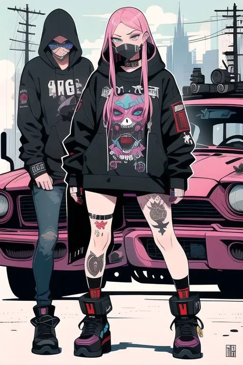 (masterpiece, best quality)(high resolution)female robot, solo, diesel punk, fashion, slavic, dark color, gangster, mandible face cover, wornout cloths, full body,tattoos, tuyawang, abstract, doodle art,
