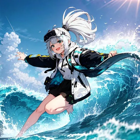 <lora:epinel-000012:0.8>,epinel \(nikke\),white hoodie, open jacket, drawstring, black skirt, beach, surfing, happy, excited,