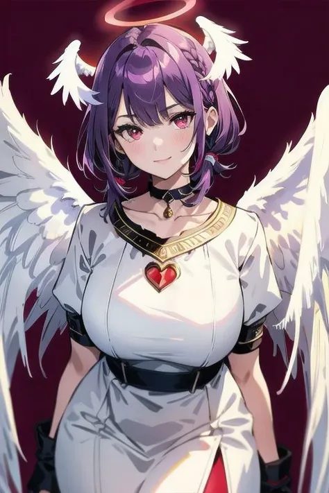 1girl, halo, sketch, halftone,
short hair, purple hair, choker, (((angel wings))), depth of field, (masterpiece, best quality), intricate details, thin, ((slim)), beautiful girl, perfect face, expressive eyes, twintail, white skin, red eyes, sharp jawline, messy hair, plump lips, upper body, smile, closed mouth, fire background, red background, burning background, destruction background, (end of times background), (((negative vibe background))), gone world background