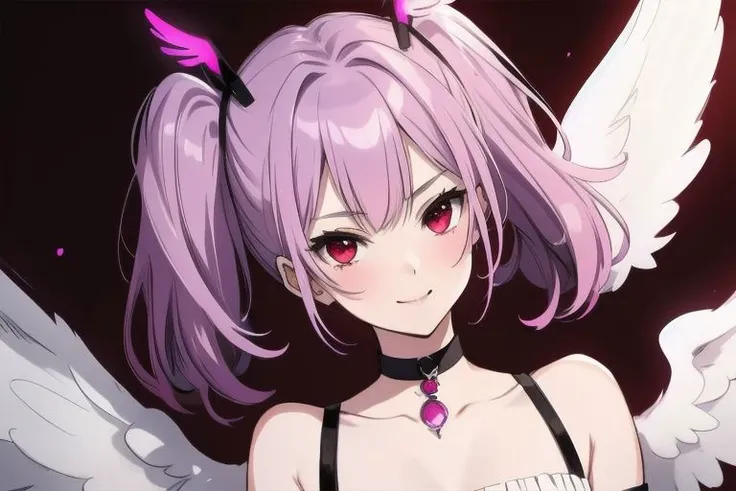 1girl, halo, sketch, halftone,
short hair, purple hair, choker, (((angel wings))), depth of field, (masterpiece, best quality), intricate details, thin, ((slim)), beautiful girl, perfect face, expressive eyes, twintail, white skin, red eyes, sharp jawline, messy hair, plump lips, upper body, smile, closed mouth, fire background, red background, burning background, destruction background, (end of times background), (((negative vibe background))), gone world background