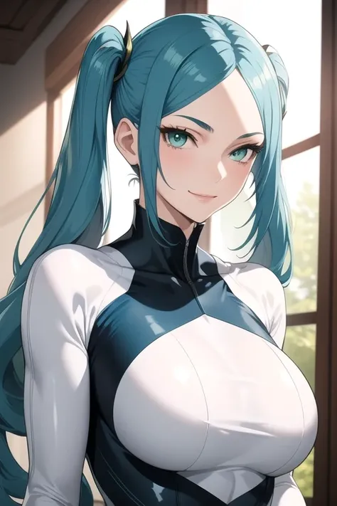 (masterpiece, best quality), intricate details, thin, ((slim)), beautiful girl, perfect face, expressive eyes, blue hair, twintail, white skin, green eyes, sharp jawline, bodysuit, messy hair, plump lips, upper body, smile, closed mouth,