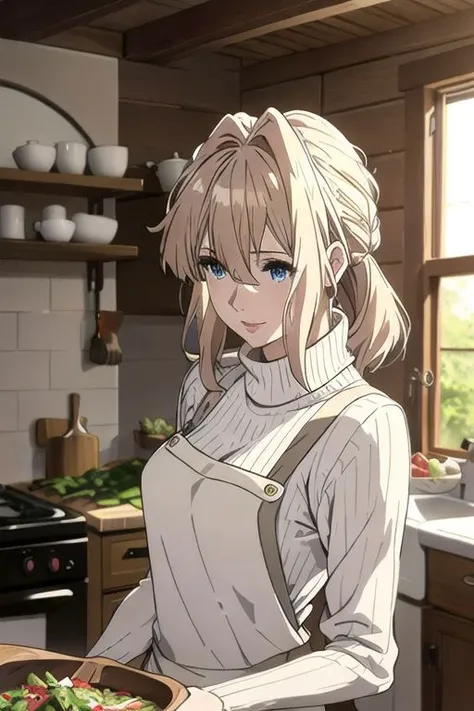 (masterpiece, best quality), intricate details, thin, ((slim)), beautiful girl, white skin, blond hair,sky blue eyes, <lora:covering_breasts_v0.1:1>, covering breasts, arm at side, messy hair, lips, shy,back view,whole (body),smile,log-house,kitchen,busy cooking,sweater,Thin Jeans,one woman,apron,smile,