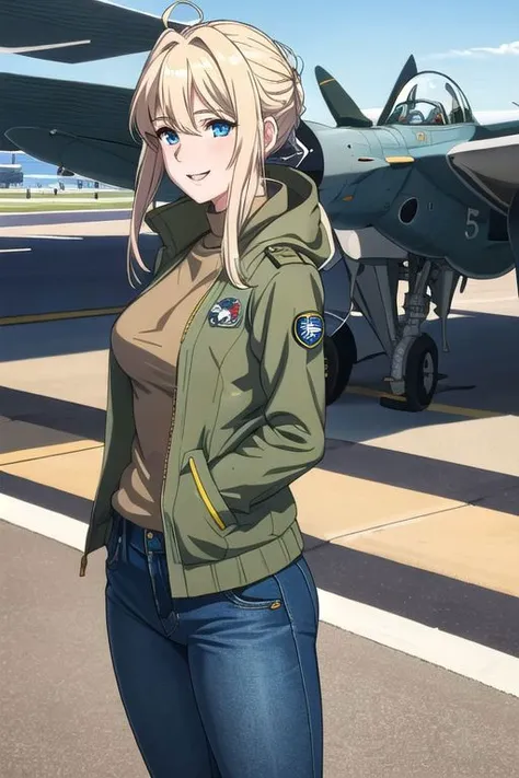 masterpiece,best quality, ultra res, extremely detailed, 1woman,blond hair, blue eyes,Beautiful white skin, Violet Evergarden,
outdoors, airport,air (force) base,F-15 Eagle in the background, aircraft carrier, warship,Strong wind from the side,
,jeans,Tight Jeans,White tank top,embarrassed face,smile,earring,pre-ripped jeans,jambar (jacket),MA-1,military jacket,flight jacket,
smile open-mouthed,disheveled hair,