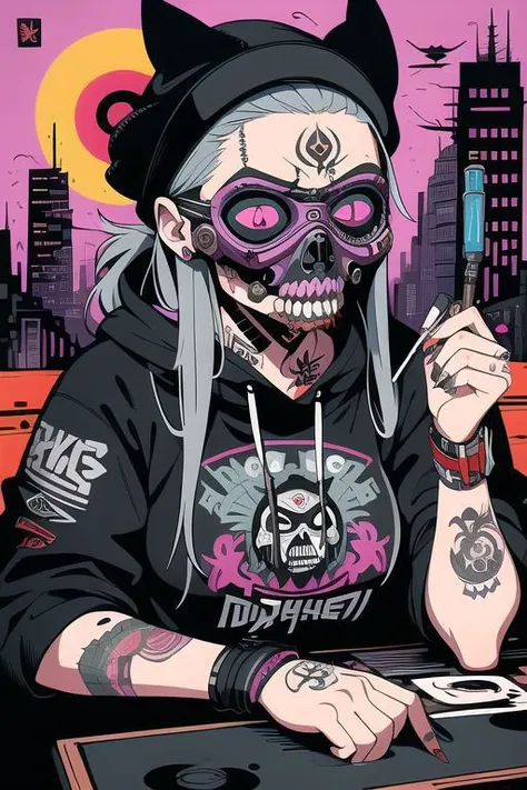 (masterpiece, best quality)(high resolution)female robot, solo, diesel punk, slavic, dark color, gangster, mandible face cover, wornout cloths, tattoos, tuyawang, abstract, doodle art,