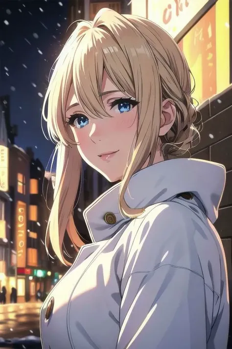 masterpiece,best quality, ultra res, extremely detailed, 1woman, blond hair, lips, blue eyes,Violet Evergarden,Upper body up,
city,street at night,snow,It's snowing.,Lots of snow.,
Various expressions,smile a little,
jeans,white shirt,coat,Light brown coat,