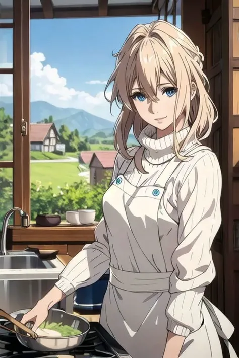 (masterpiece, best quality), intricate details, thin, ((slim)), beautiful girl, white skin, blond hair,sky blue eyes, <lora:covering_breasts_v0.1:1>, covering breasts, arm at side, messy hair, lips, shy,back view,whole (body),smile,log-house,kitchen,busy cooking,sweater,Thin Jeans,one woman,apron,smile,