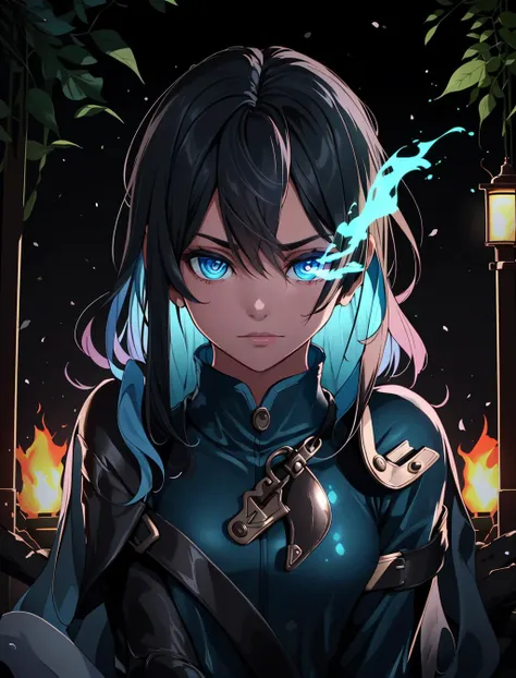 portrait, solo, upper body, detailed background, detailed face, (<lora:GasLightPunkAIv3:0.5>, GasLampFantasyAI theme:1.1), explorer, sitting at campfire, tattered leather clothes, shirt, gloves, (leather pouches:0.4), flaming torch, (abandoned:0.7) tropical jungle background, vines, mold, dust, long forgotten relics, dark cinematic atmosphere, occult,, (blue eyes, blue flaming eyes, blue trail:1.3), <lora:FlamingEye:1>