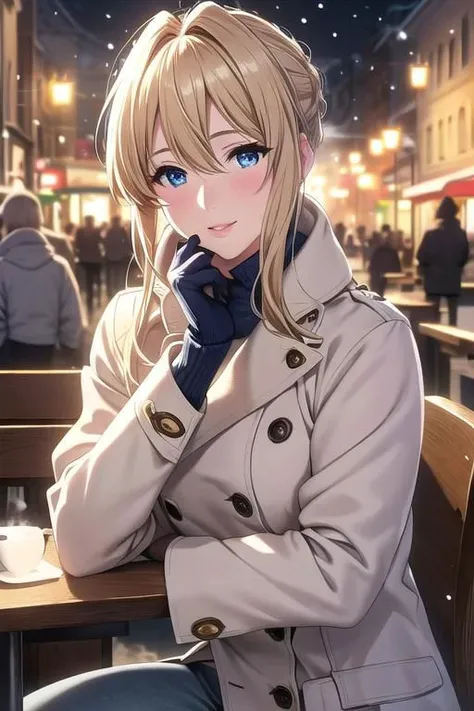 masterpiece,best quality, ultra res, extremely detailed, 1woman, blond hair, lips, blue eyes,Violet Evergarden,Upper body up,
city,street at night,snow,It's snowing.,Lots of snow.,
Various expressions,smile a little,
jeans,white shirt,coat,Light brown coat,
open cafe,Drink coffee at an open cafe,sit and drink coffee at an open cafe,