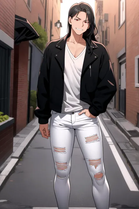 <lora:Sexercise-10:1>, solo male, muscular, standing, outdoors, back alley, black jacket, v neck white shirt, ripped jeans pants, black hair, long hair, smirk, red eyes
