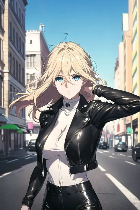 masterpiece, best quality, ultra-detailed, 1girl, , no bra,, busty,
blond hair,blue eyes,adult-like,
black leather pants,white shirt,black leather jacket,
Upper body up,
Various poses,strong wind,disheveled hair,
city,